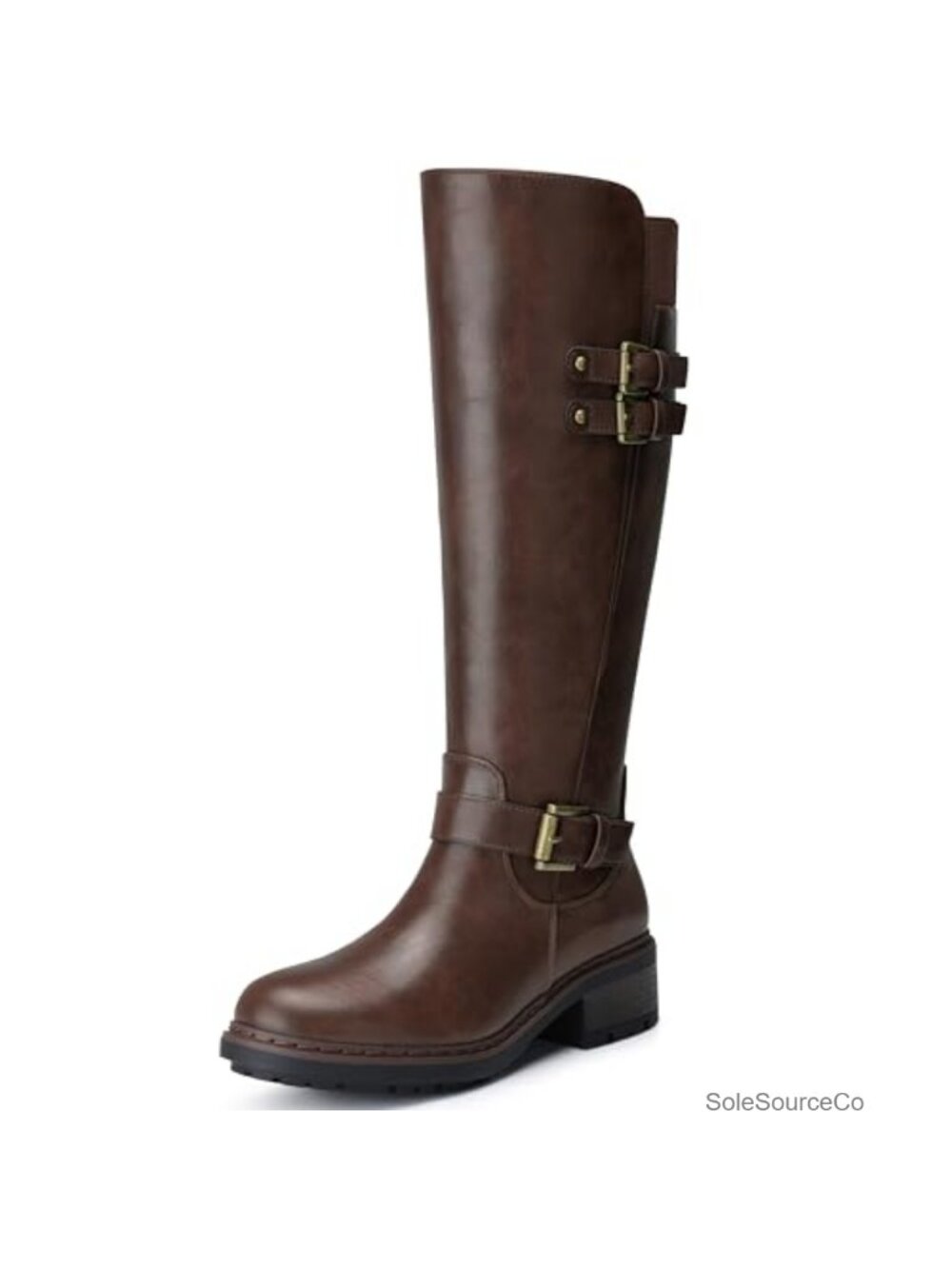 Knee High Boots Faux Leather Round Toe Low Block Heel Riding Boots